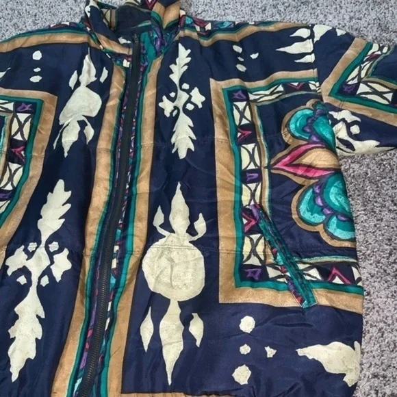 Vintage 90’s Stunt Sports 100% Silk Boho/Southwestern/Aztec Bomber Jacket Sz 2X - Picture 13 of 15